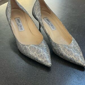 Jimmy Choo Silver Leopard Print Pointed Toe Kitten Heels Sz 38